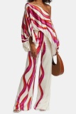 Rose Red Casual Striped Print Oblique Collar Long Sleeve Two Pieces