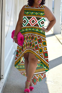 Green Yellow Casual Print Patchwork O Neck Irregular Plus Size Dresses