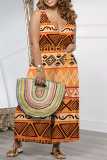 Orange Casual Street Geometric Print Splashed ink printing Pocket Contrast V Neck Loose Jumpsuits