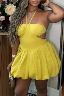 Yellow Sexy Solid Color Hollow Out Backless Belted Halter A Line Dresses