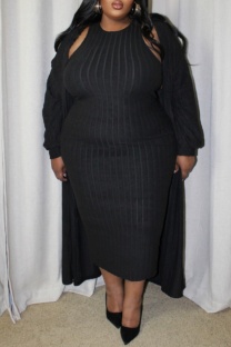 Black Casual Solid Color Basic O Neck Long Plus Size Two Pieces