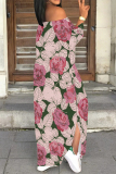 Purple Sexy Street Floral Print Lace Up Slit Contrast Off Shoulder Printed Dresses