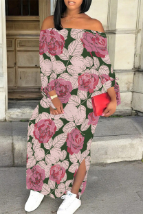 Green Sexy Street Floral Print Lace Up Slit Contrast Off Shoulder Printed Dresses