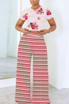 Rose Pink Casual Striped Print Floral Print Basic O Neck Short Sleeve Two Pieces