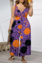 Purple Casual Street Geometric Print Splashed ink printing Pocket Contrast V Neck Loose Jumpsuits
