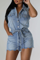 Blue Street Solid Color Pocket Buckle Patchwork Strap Design Turndown Collar Sleeveless Regular Denim Jumpsuits