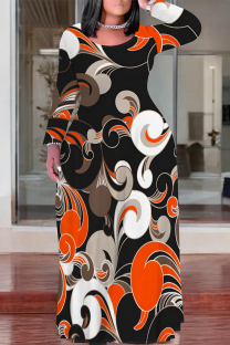 Black Casual Floral Print Graffiti Print Stripe Contrast O Neck Printed Plus Size Dresses