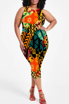 Multicolor Casual Map Printing Patchwork O Neck Wrapped Skirt Plus Size Dresses