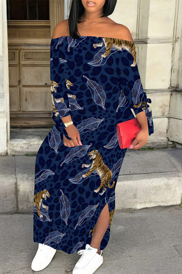 Tibetan Blue Sexy Street Floral Print Lace Up Slit Contrast Off Shoulder Printed Dresses
