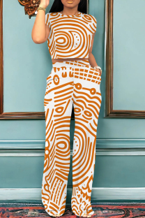 White Orange Casual Print Pocket Patchwork O Neck Short Sleeve Two Pieces