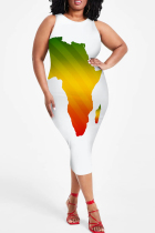 White Casual Map Printing Patchwork O Neck Wrapped Skirt Plus Size Dresses
