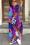 Purple Sexy Street Floral Print Lace Up Slit Contrast Off Shoulder Printed Dresses
