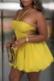 Yellow Sexy Solid Color Hollow Out Backless Belted Halter A Line Dresses