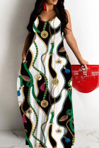 White Green Sexy Casual Print Backless Spaghetti Strap Long Dresses