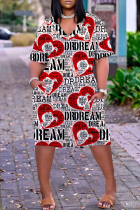 White Red Casual Print Pocket V Neck Short Sleeve Plus Size Dresses