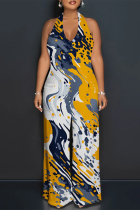 Multicolor Casual Street Colorblock Striped Print Lace Up Backless Contrast Halter Loose Jumpsuits