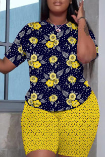 Blue Yellow Casual Floral Print Basic O Neck Short Sleeve Two Pieces