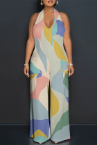 Light Color Casual Street Colorblock Striped Print Lace Up Backless Contrast Halter Loose Jumpsuits
