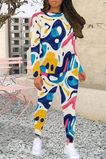 Dark Blue Casual Print Patchwork O Neck Long Sleeve Two Pieces