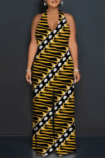 Yellow Casual Street Colorblock Striped Print Lace Up Backless Contrast Halter Loose Jumpsuits