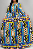 Colour Elegant Print Patchwork Strap Design O Neck Long Dresses