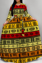 Multicolor Elegant Print Patchwork Strap Design O Neck Long Dresses