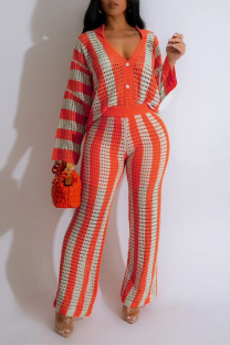 Orange Casual Daily Stripe Buttons Weave Contrast V Neck Long Sleeve Two Pieces