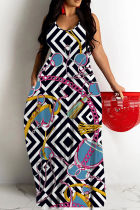 Black White Sexy Casual Print Backless Spaghetti Strap Long Dresses
