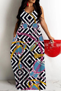 Black White Sexy Casual Print Backless Spaghetti Strap Long Dresses