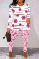 Pink Casual Floral Print Basic O Neck Short Sleeve Two Pieces