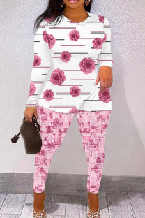 Pink Casual Floral Print Basic O Neck Short Sleeve Two Pieces