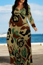 Yellow Brown Casual Print Patchwork O Neck Long Dresses