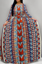 Red Blue Elegant Print Patchwork Strap Design O Neck Long Dresses
