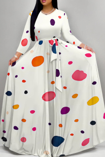 White Elegant Print Patchwork Strap Design O Neck Long Dresses