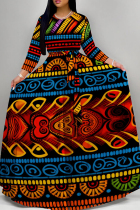 Colour Elegant Print Patchwork Strap Design O Neck Long Dresses
