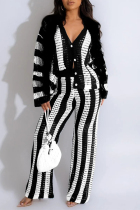 Black White Casual Daily Stripe Buttons Weave Contrast V Neck Long Sleeve Two Pieces