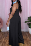 Black Casual Solid Color Patchwork Backless Spaghetti Strap Loose Jumpsuits