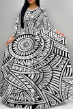 Colour Elegant Print Patchwork Strap Design O Neck Long Dresses