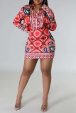 Blue Casual Print Buckle Patchwork Turndown Collar Long Sleeve Two Pieces