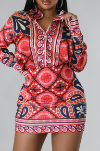 Red Casual Print Buckle Patchwork Turndown Collar Long Sleeve Two Pieces