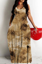 Khaki Sexy Casual Print Backless Spaghetti Strap Long Dresses