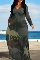 Gray Green Casual Print Patchwork O Neck Long Dresses