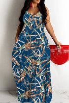 Tibetan Blue Sexy Casual Print Backless Spaghetti Strap Long Dresses