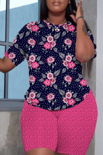Blue Red Casual Floral Print Basic O Neck Short Sleeve Two Pieces