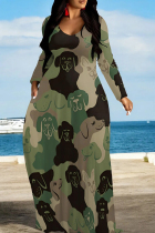 Black Green Casual Print Patchwork O Neck Long Dresses