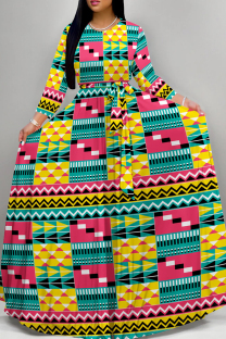 Greenish Yellow Elegant Print Patchwork Strap Design O Neck Long Dresses