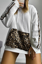 White Casual Leopard Print Draw String Pocket Patchwork Hooded Tops