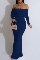 Tibetan Blue Sexy Solid Color Off Shoulder One Step Skirt Dresses