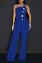 Blue Casual Solid Color Backless Strapless Bodycon Jumpsuits