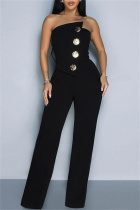 Black Casual Solid Color Backless Strapless Bodycon Jumpsuits